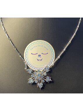 Vintage Signed Coro Blue Rhinestone Starburst Necklace Silver Tone 21” Necklace